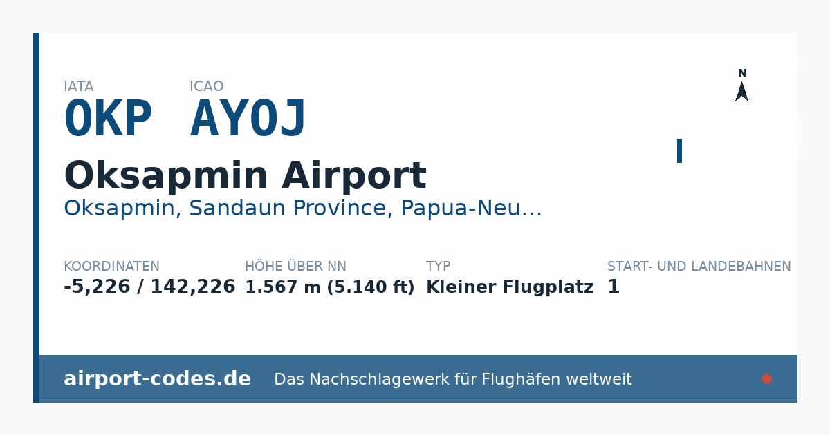 Generierte Übersichtsgrafik zum Flughafen Oksapmin Airport mit Codes, Koordinaten und Bahnenskizze