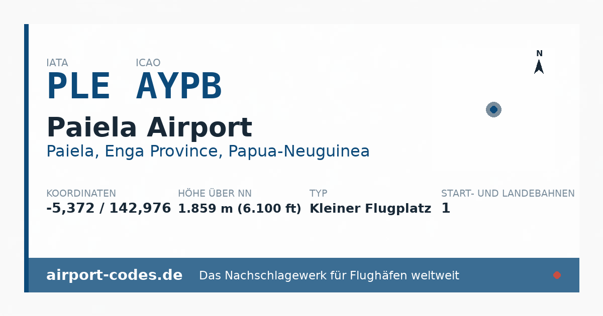 Generierte Übersichtsgrafik zum Flughafen Paiela Airport mit Codes, Koordinaten und Bahnenskizze
