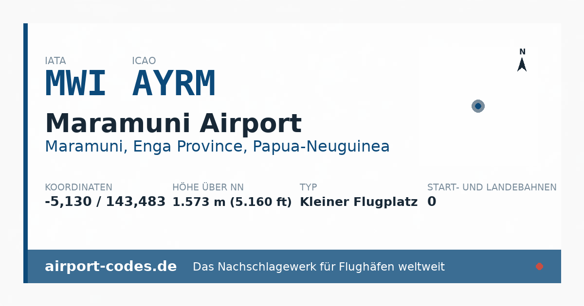 Generierte Übersichtsgrafik zum Flughafen Maramuni Airport mit Codes, Koordinaten und Bahnenskizze