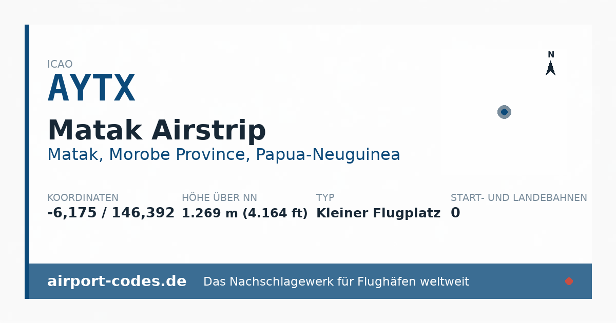 Generierte Übersichtsgrafik zum Flughafen Matak Airstrip mit Codes, Koordinaten und Bahnenskizze