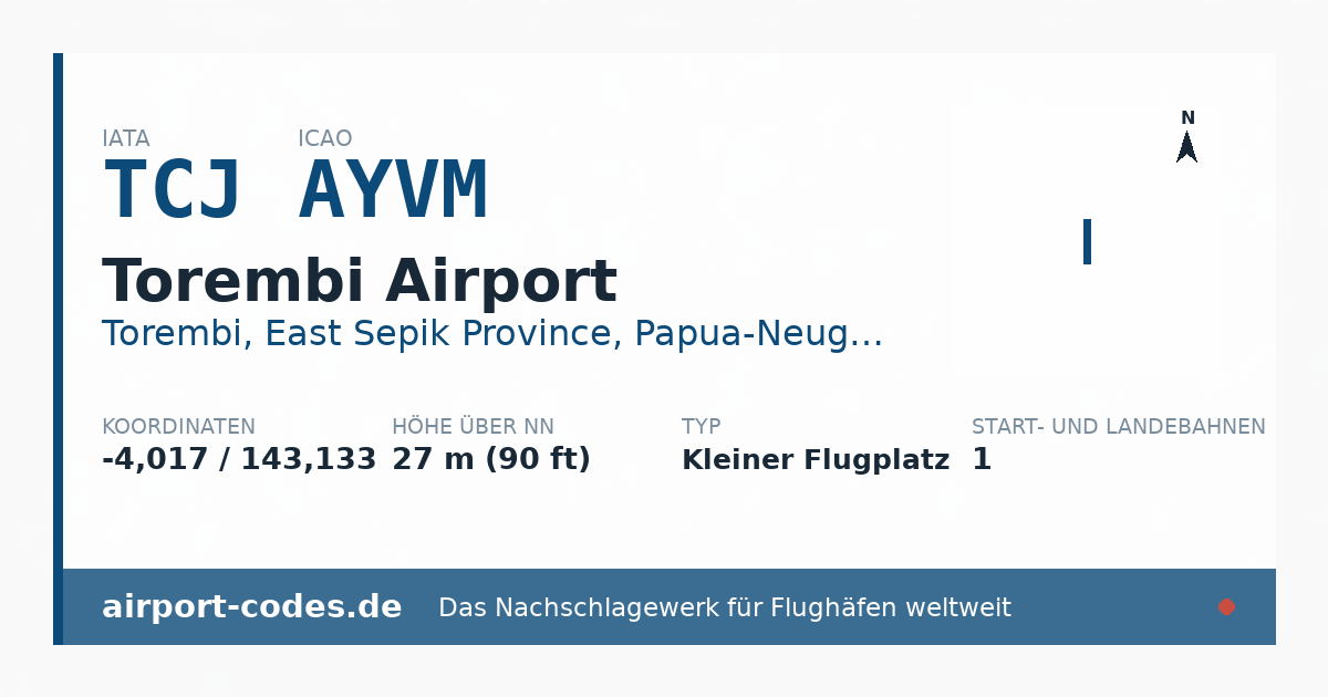 Generierte Übersichtsgrafik zum Flughafen Torembi Airport mit Codes, Koordinaten und Bahnenskizze