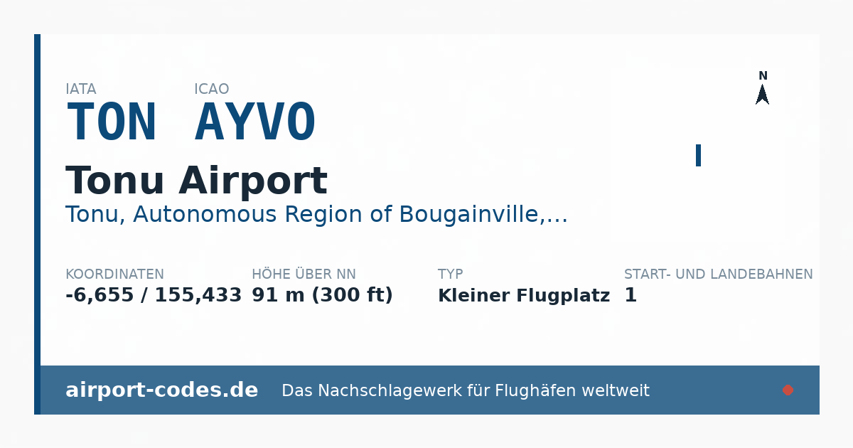 Generierte Übersichtsgrafik zum Flughafen Tonu Airport mit Codes, Koordinaten und Bahnenskizze