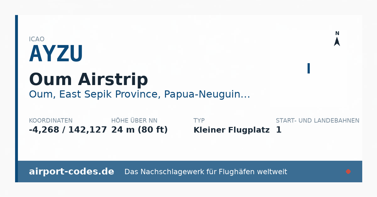 Generierte Übersichtsgrafik zum Flughafen Oum Airstrip mit Codes, Koordinaten und Bahnenskizze