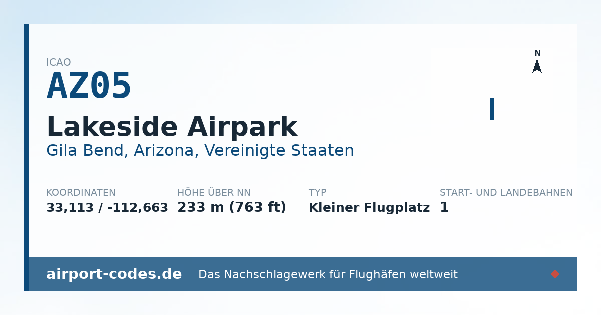Generierte Übersichtsgrafik zum Flughafen Lakeside Airpark mit Codes, Koordinaten und Bahnenskizze