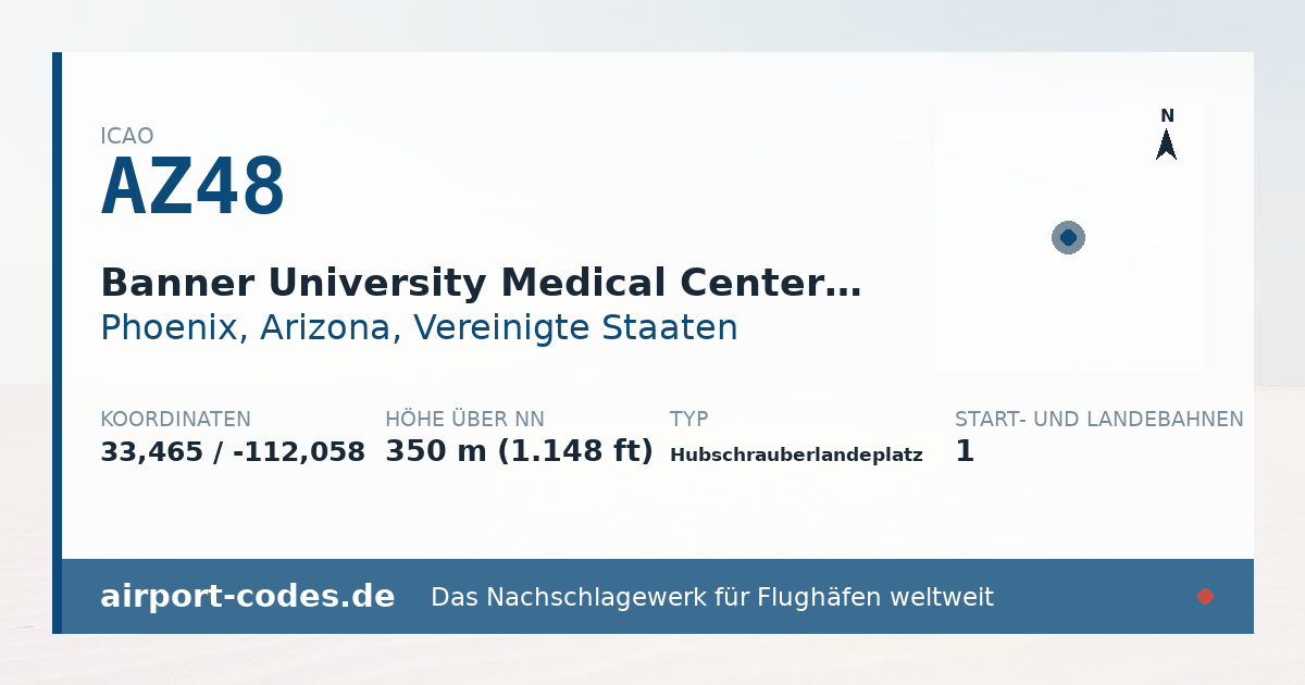 Generierte Übersichtsgrafik zum Flughafen Banner University Medical Center Helipad mit Codes, Koordinaten und Bahnenskizze