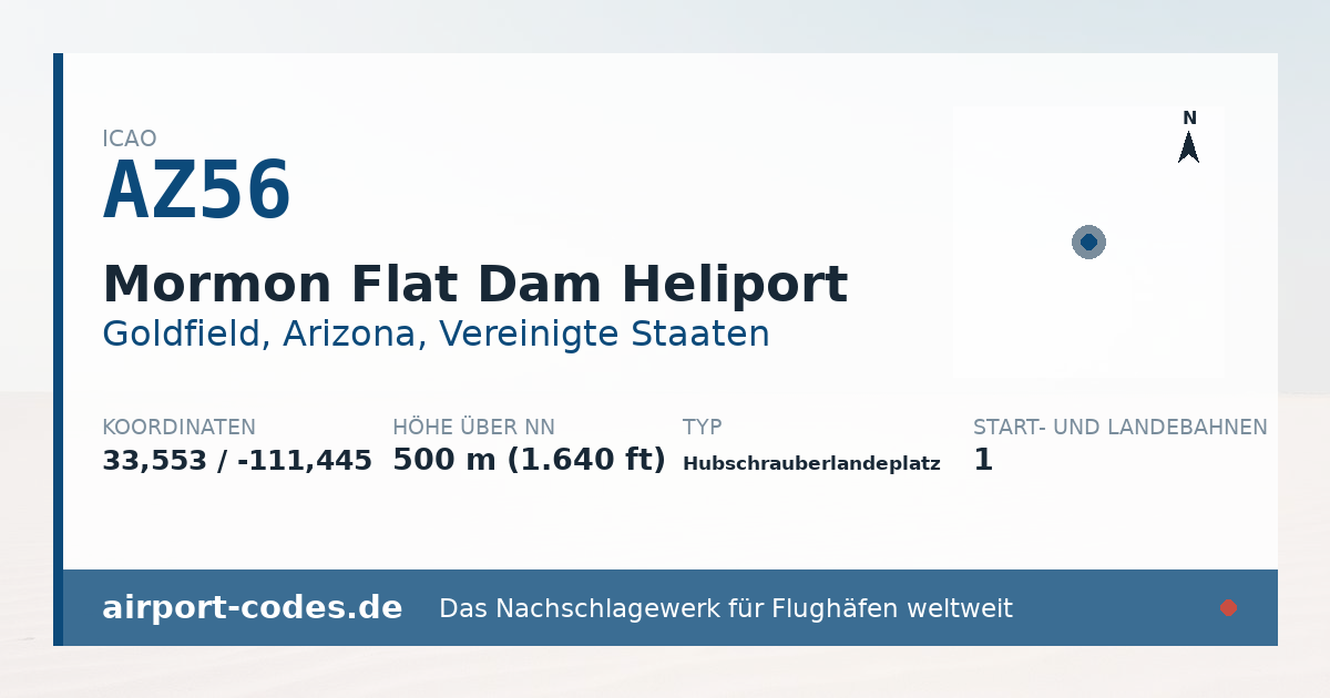 Generierte Übersichtsgrafik zum Flughafen Mormon Flat Dam Heliport mit Codes, Koordinaten und Bahnenskizze