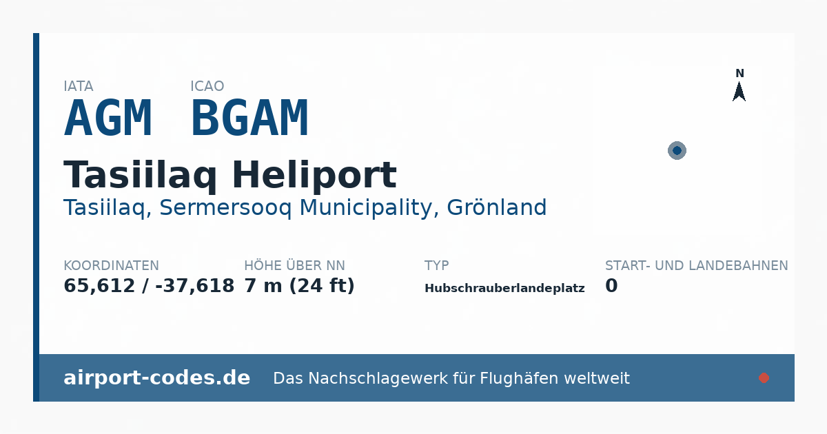 Generierte Übersichtsgrafik zum Flughafen Tasiilaq Heliport mit Codes, Koordinaten und Bahnenskizze