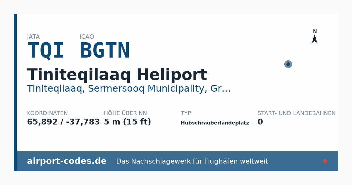 Generierte Übersichtsgrafik zum Flughafen Tiniteqilaaq Heliport mit Codes, Koordinaten und Bahnenskizze