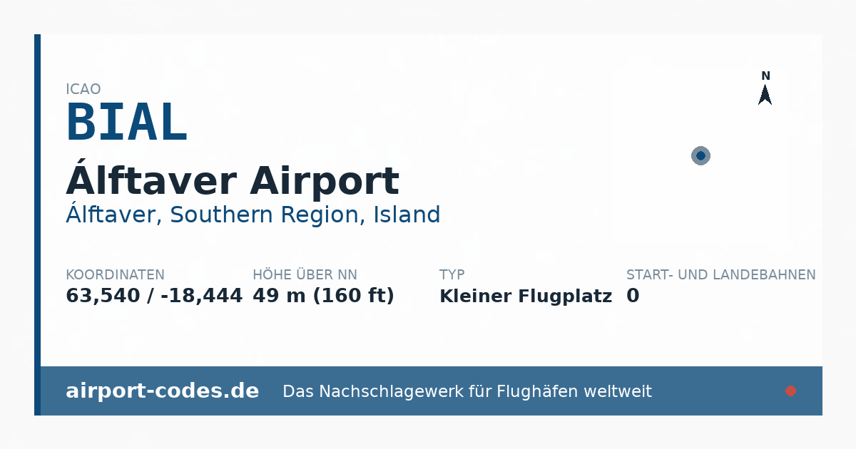 Generierte Übersichtsgrafik zum Flughafen Álftaver Airport mit Codes, Koordinaten und Bahnenskizze