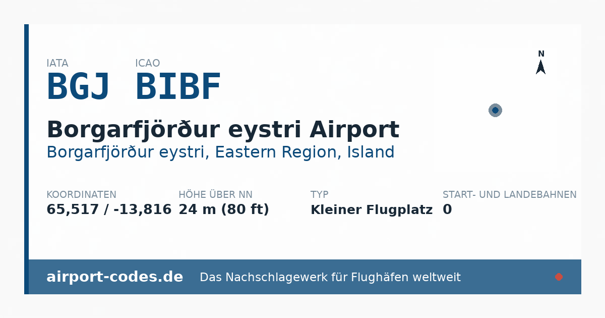 Generierte Übersichtsgrafik zum Flughafen Borgarfjörður eystri Airport mit Codes, Koordinaten und Bahnenskizze