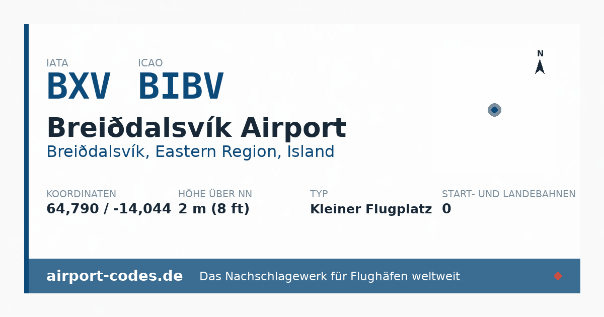 Generierte Übersichtsgrafik zum Flughafen Breiðdalsvík Airport mit Codes, Koordinaten und Bahnenskizze