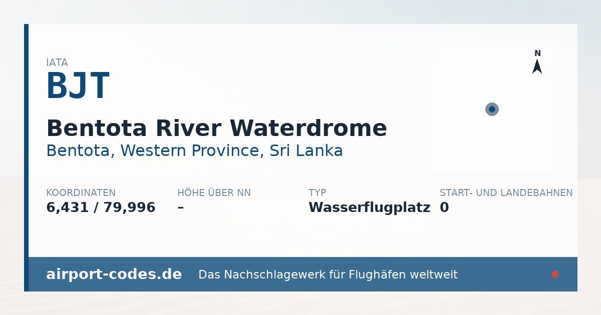 Generierte Übersichtsgrafik zum Flughafen Bentota River Waterdrome mit Codes, Koordinaten und Bahnenskizze