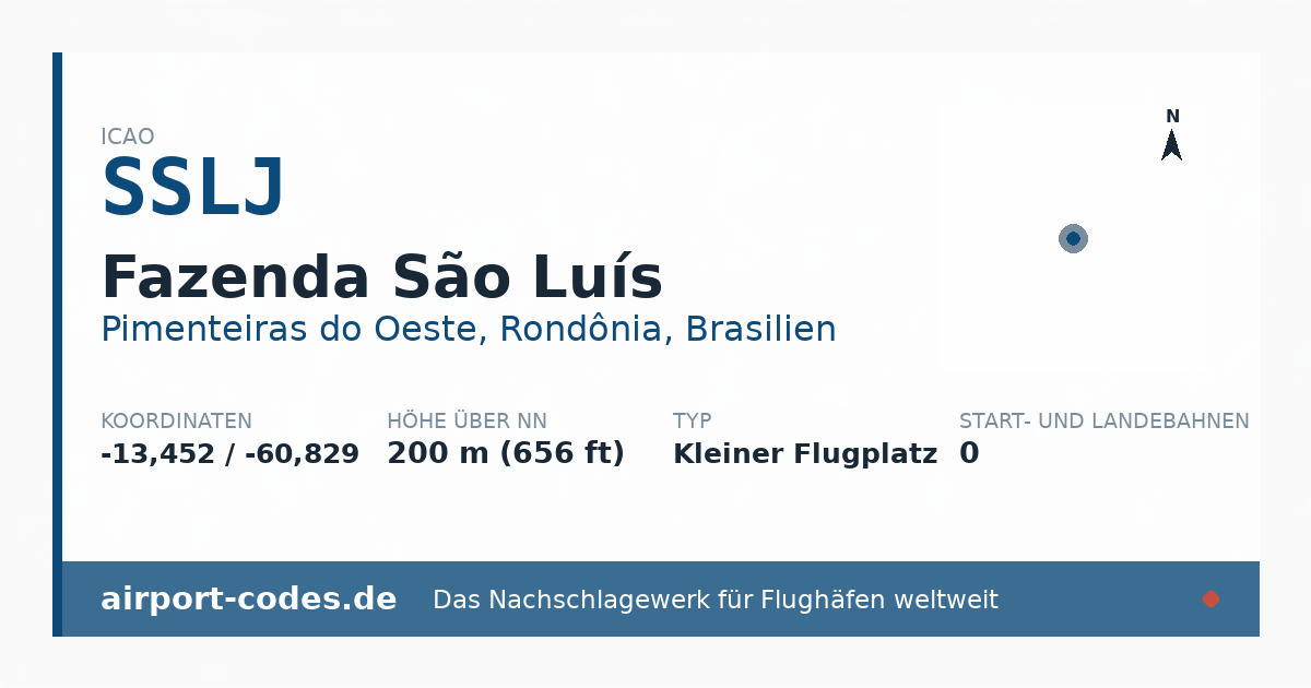 Generierte Übersichtsgrafik zum Flughafen Fazenda São Luís mit Codes, Koordinaten und Bahnenskizze