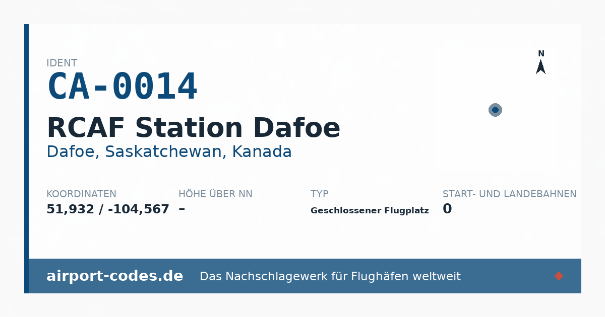 Generierte Übersichtsgrafik zum Flughafen RCAF Station Dafoe mit Codes, Koordinaten und Bahnenskizze