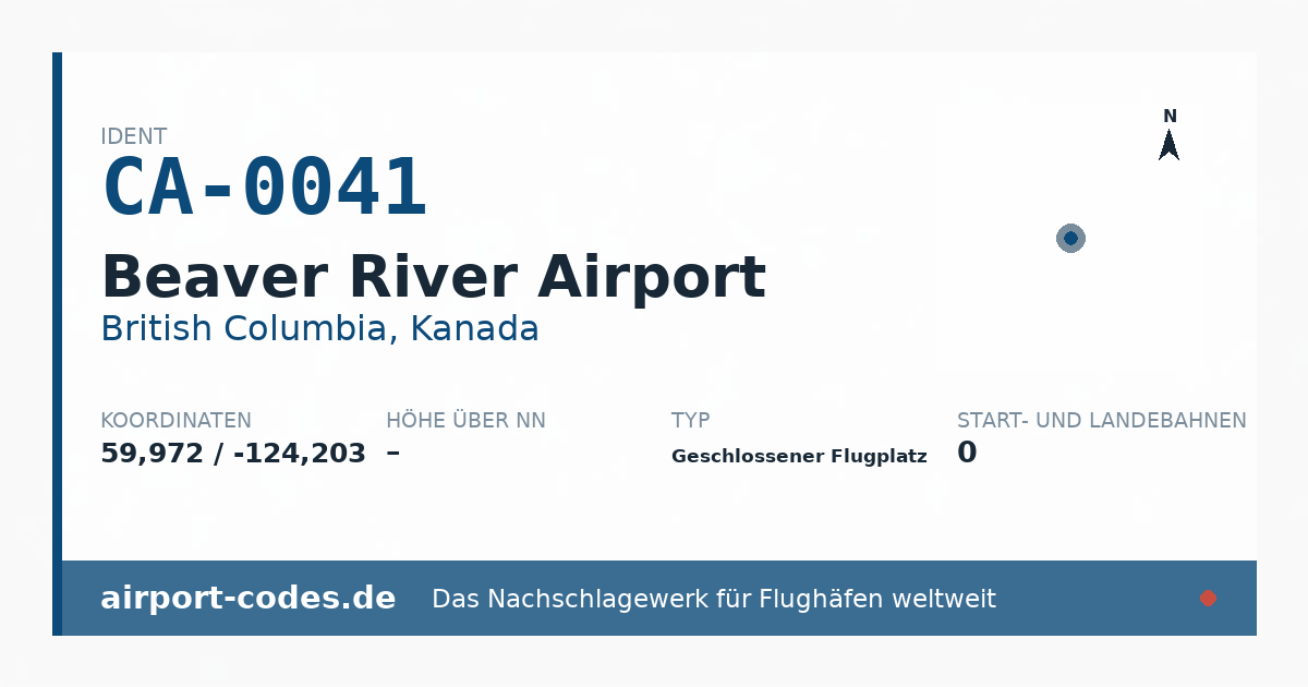 Generierte Übersichtsgrafik zum Flughafen Beaver River Airport mit Codes, Koordinaten und Bahnenskizze