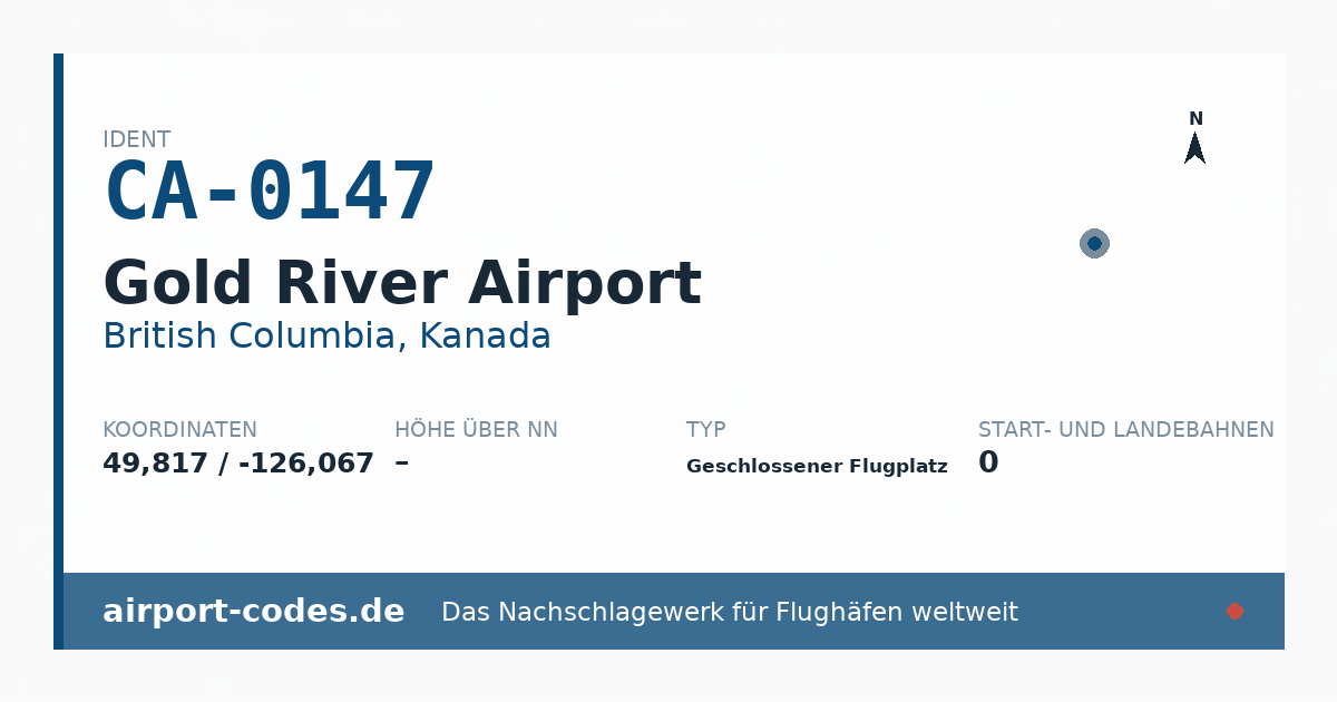 Generierte Übersichtsgrafik zum Flughafen Gold River Airport mit Codes, Koordinaten und Bahnenskizze