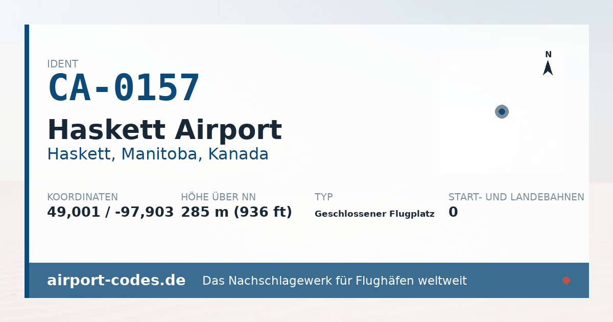 Generierte Übersichtsgrafik zum Flughafen Haskett Airport mit Codes, Koordinaten und Bahnenskizze