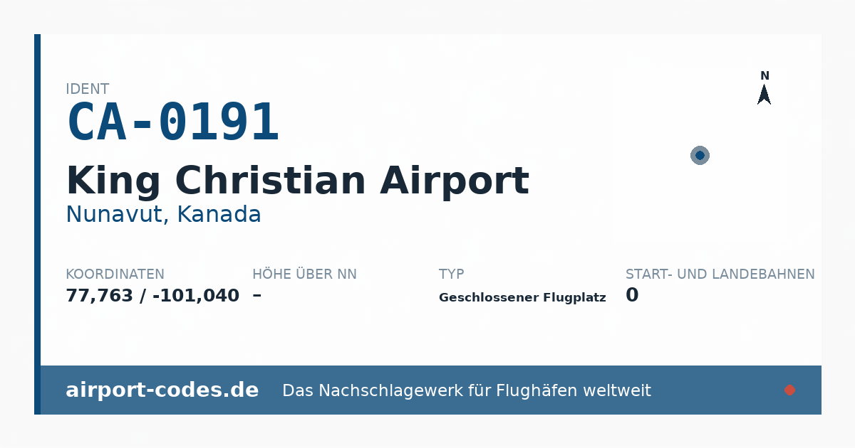 Generierte Übersichtsgrafik zum Flughafen King Christian Airport mit Codes, Koordinaten und Bahnenskizze