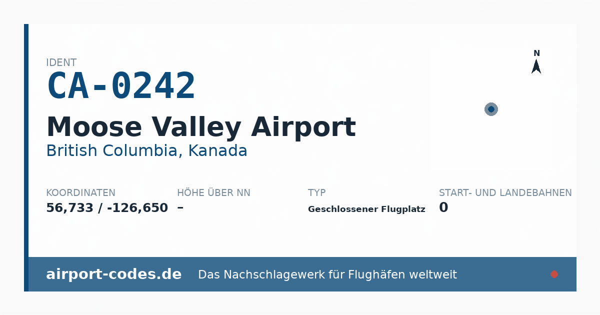 Generierte Übersichtsgrafik zum Flughafen Moose Valley Airport mit Codes, Koordinaten und Bahnenskizze