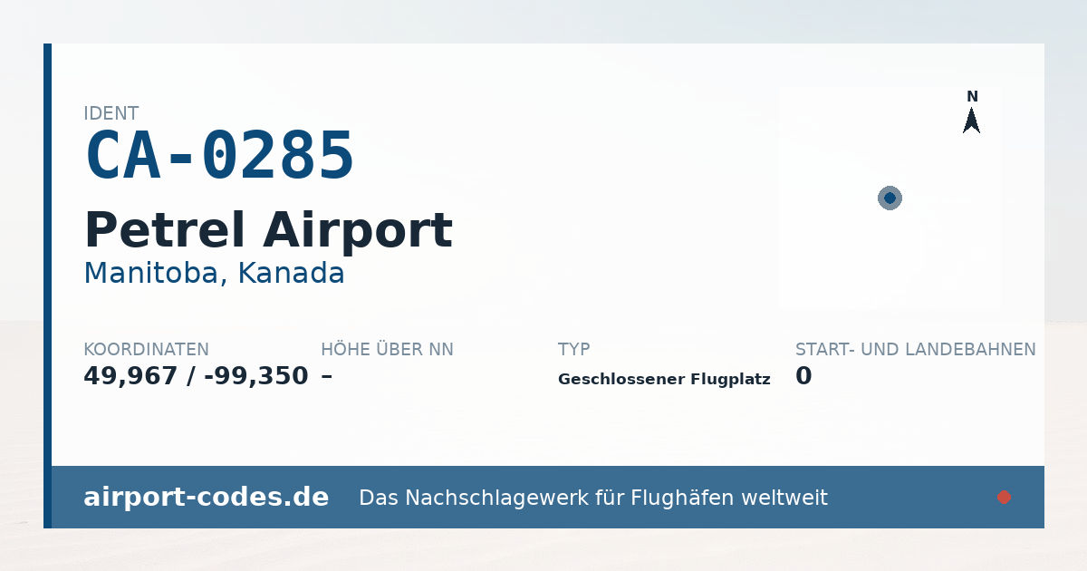 Generierte Übersichtsgrafik zum Flughafen Petrel Airport mit Codes, Koordinaten und Bahnenskizze