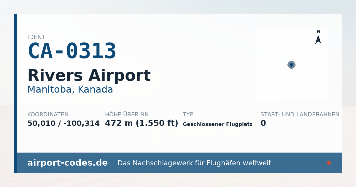 Generierte Übersichtsgrafik zum Flughafen Rivers Airport mit Codes, Koordinaten und Bahnenskizze