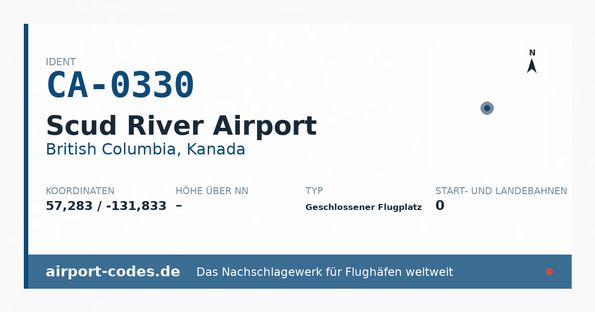 Generierte Übersichtsgrafik zum Flughafen Scud River Airport mit Codes, Koordinaten und Bahnenskizze