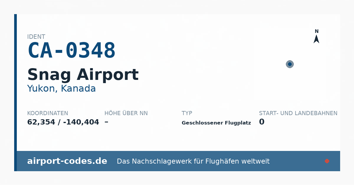 Generierte Übersichtsgrafik zum Flughafen Snag Airport mit Codes, Koordinaten und Bahnenskizze