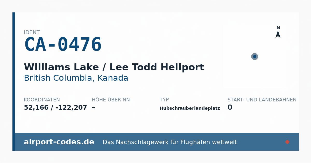 Generierte Übersichtsgrafik zum Flughafen Williams Lake / Lee Todd Heliport mit Codes, Koordinaten und Bahnenskizze