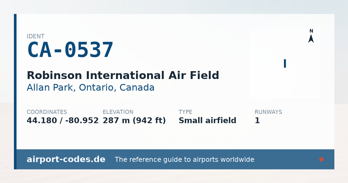 Generated summary graphic for Robinson International Air Field showing codes, coordinates and a runway sketch