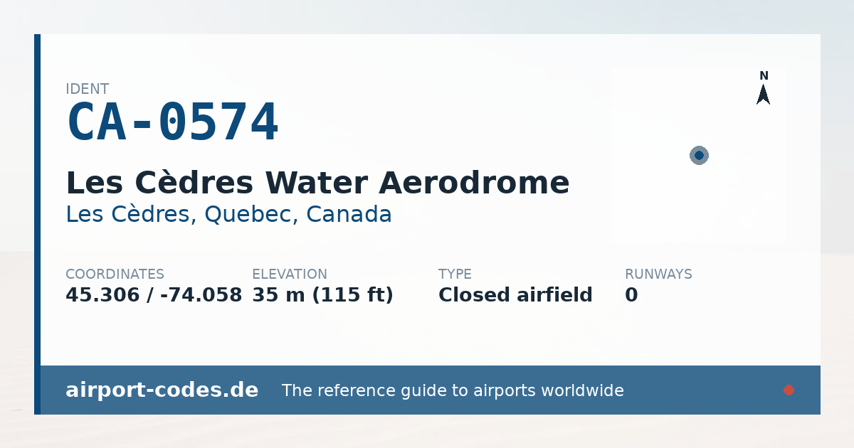Generated summary graphic for Les Cèdres Water Aerodrome showing codes, coordinates and a runway sketch