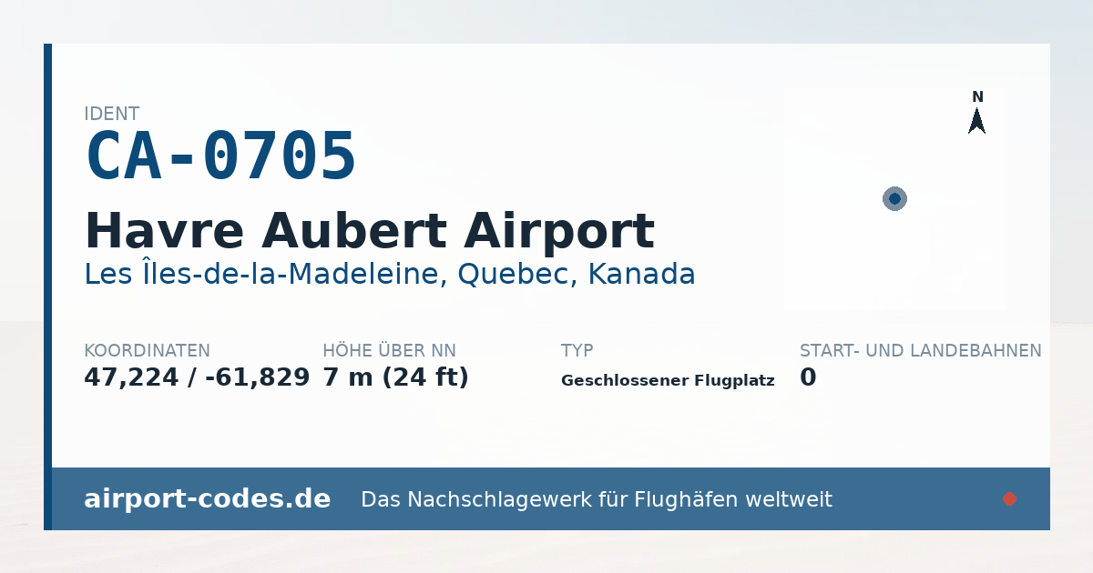 Generierte Übersichtsgrafik zum Flughafen Havre Aubert Airport mit Codes, Koordinaten und Bahnenskizze
