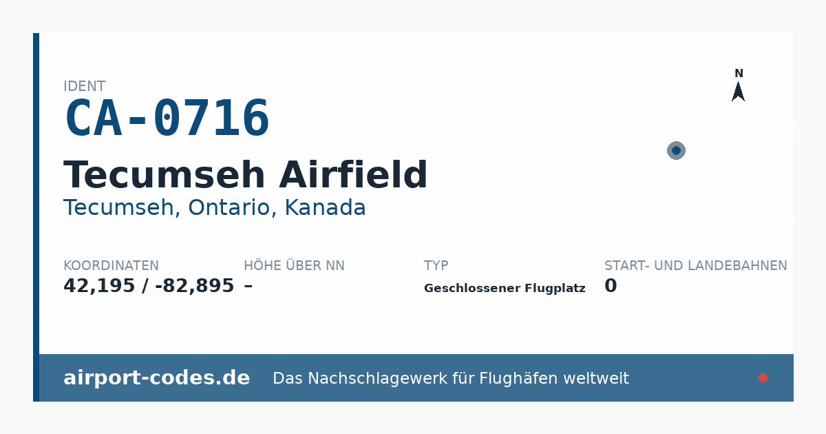 Generierte Übersichtsgrafik zum Flughafen Tecumseh Airfield mit Codes, Koordinaten und Bahnenskizze