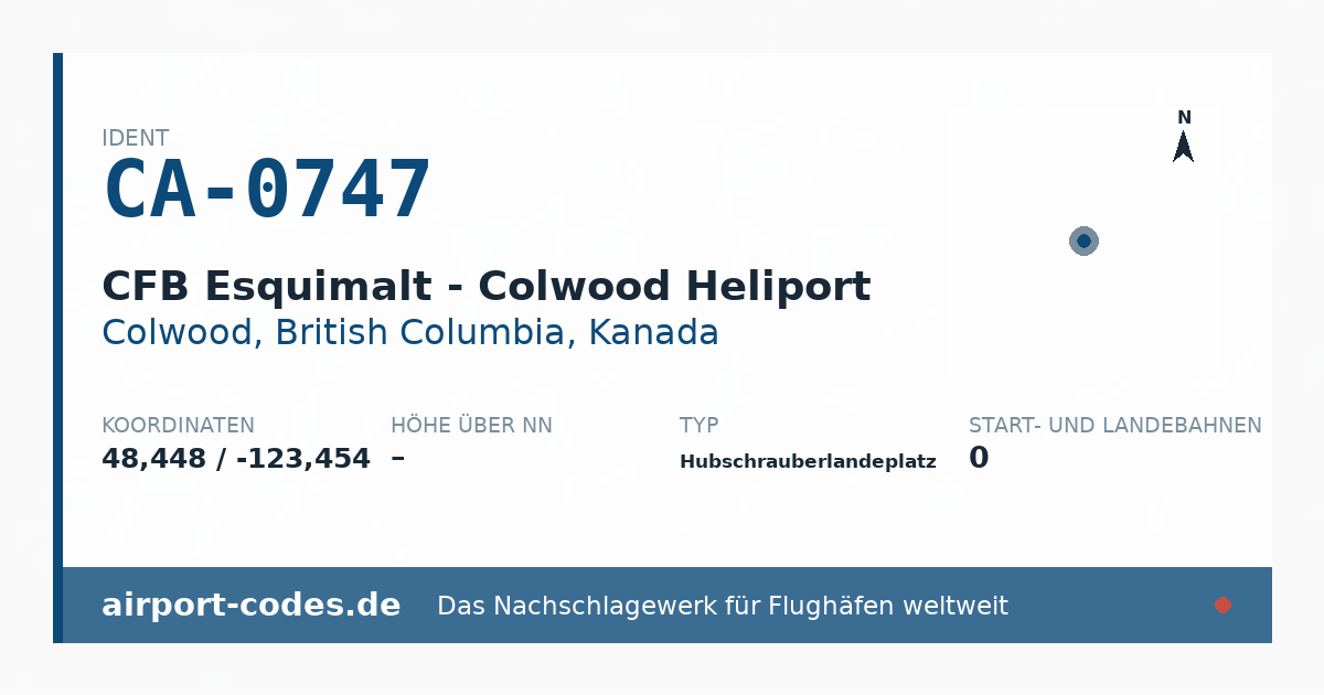 Generierte Übersichtsgrafik zum Flughafen CFB Esquimalt - Colwood Heliport mit Codes, Koordinaten und Bahnenskizze