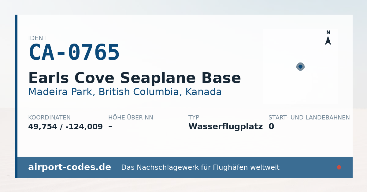 Generierte Übersichtsgrafik zum Flughafen Earls Cove Seaplane Base mit Codes, Koordinaten und Bahnenskizze