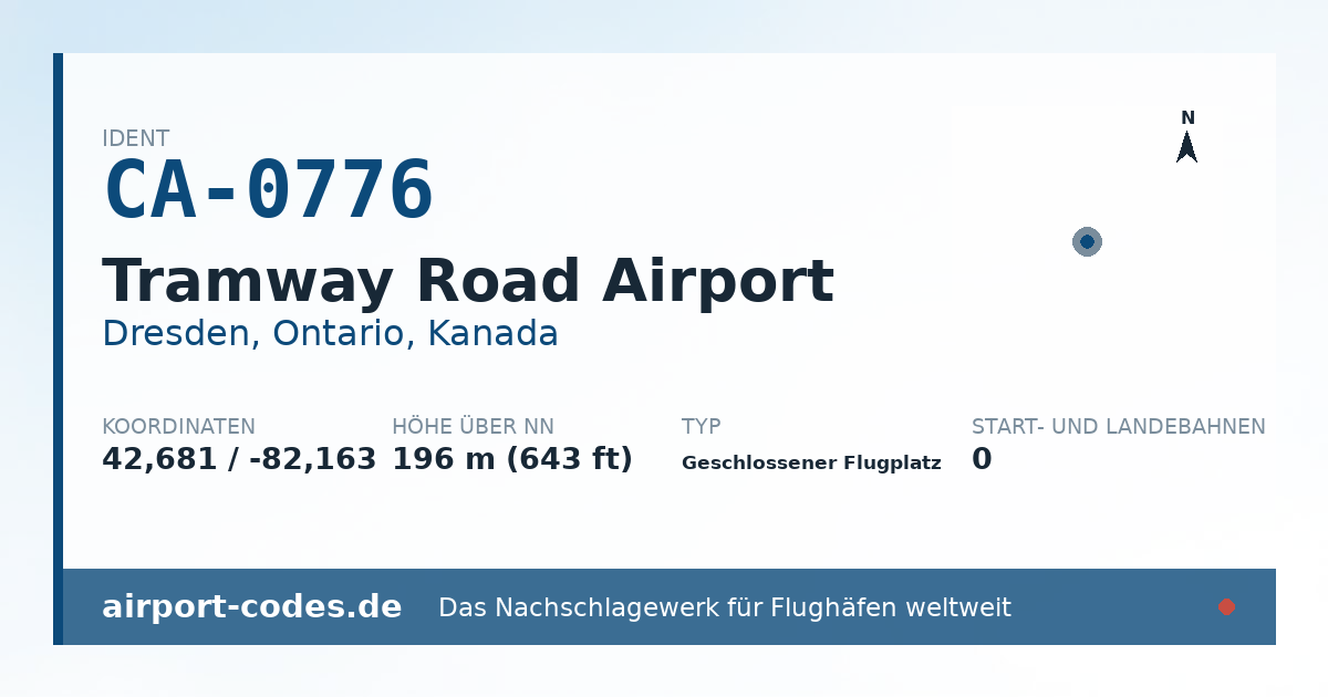 Generierte Übersichtsgrafik zum Flughafen Tramway Road Airport mit Codes, Koordinaten und Bahnenskizze