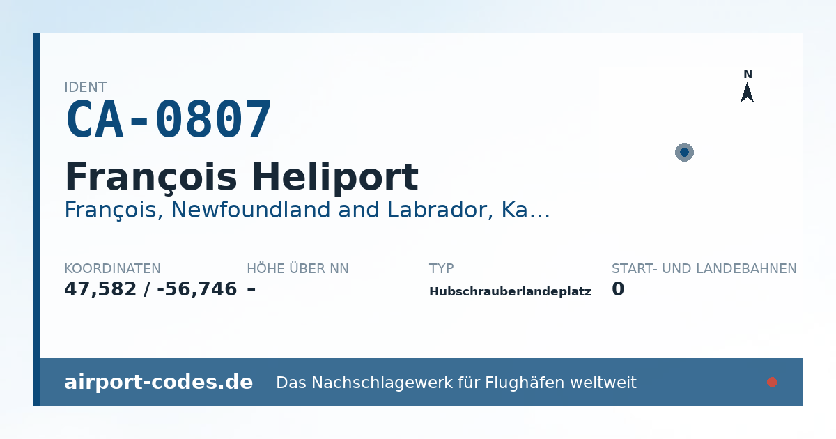 Generierte Übersichtsgrafik zum Flughafen François Heliport mit Codes, Koordinaten und Bahnenskizze