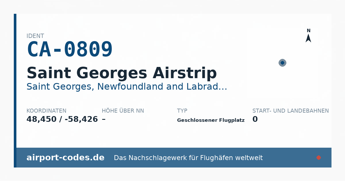 Generierte Übersichtsgrafik zum Flughafen Saint Georges Airstrip mit Codes, Koordinaten und Bahnenskizze