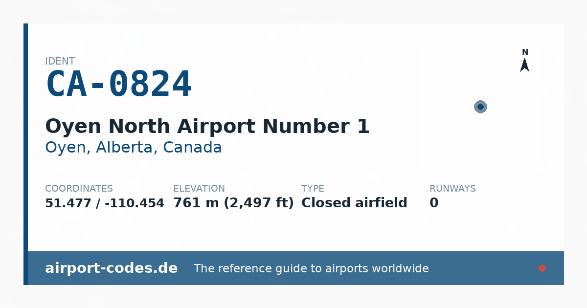 Generated summary graphic for Oyen North Airport Number 1 showing codes, coordinates and a runway sketch