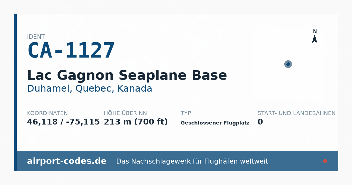 Generierte Übersichtsgrafik zum Flughafen Lac Gagnon Seaplane Base mit Codes, Koordinaten und Bahnenskizze