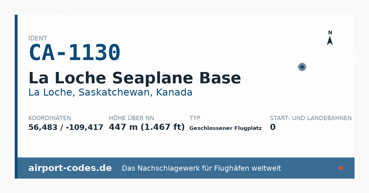 Generierte Übersichtsgrafik zum Flughafen La Loche Seaplane Base mit Codes, Koordinaten und Bahnenskizze
