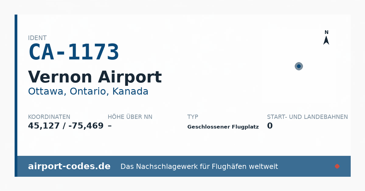 Generierte Übersichtsgrafik zum Flughafen Vernon Airport mit Codes, Koordinaten und Bahnenskizze