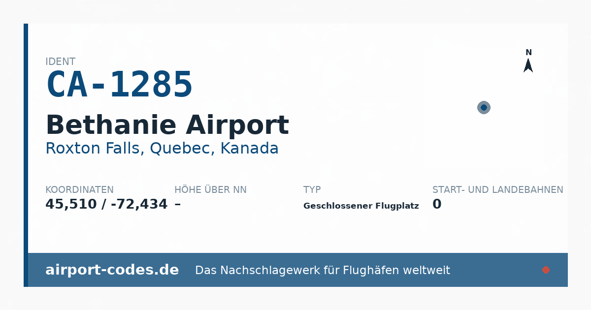 Generierte Übersichtsgrafik zum Flughafen Bethanie Airport mit Codes, Koordinaten und Bahnenskizze