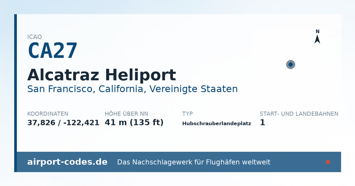 Generierte Übersichtsgrafik zum Flughafen Alcatraz Heliport mit Codes, Koordinaten und Bahnenskizze