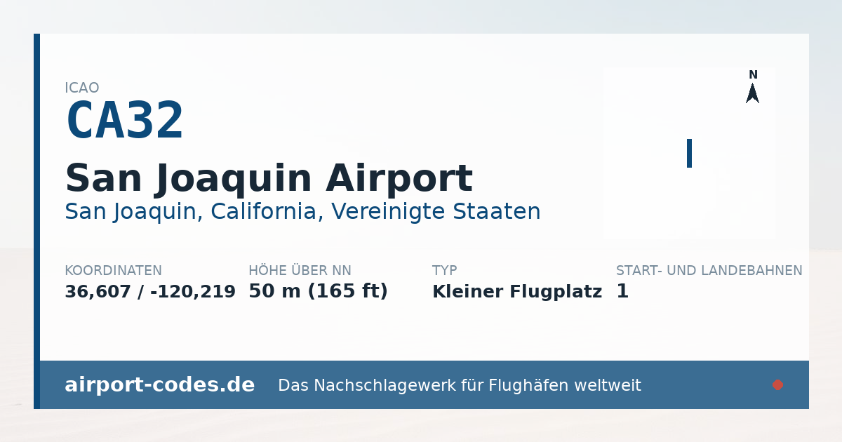 Generierte Übersichtsgrafik zum Flughafen San Joaquin Airport mit Codes, Koordinaten und Bahnenskizze