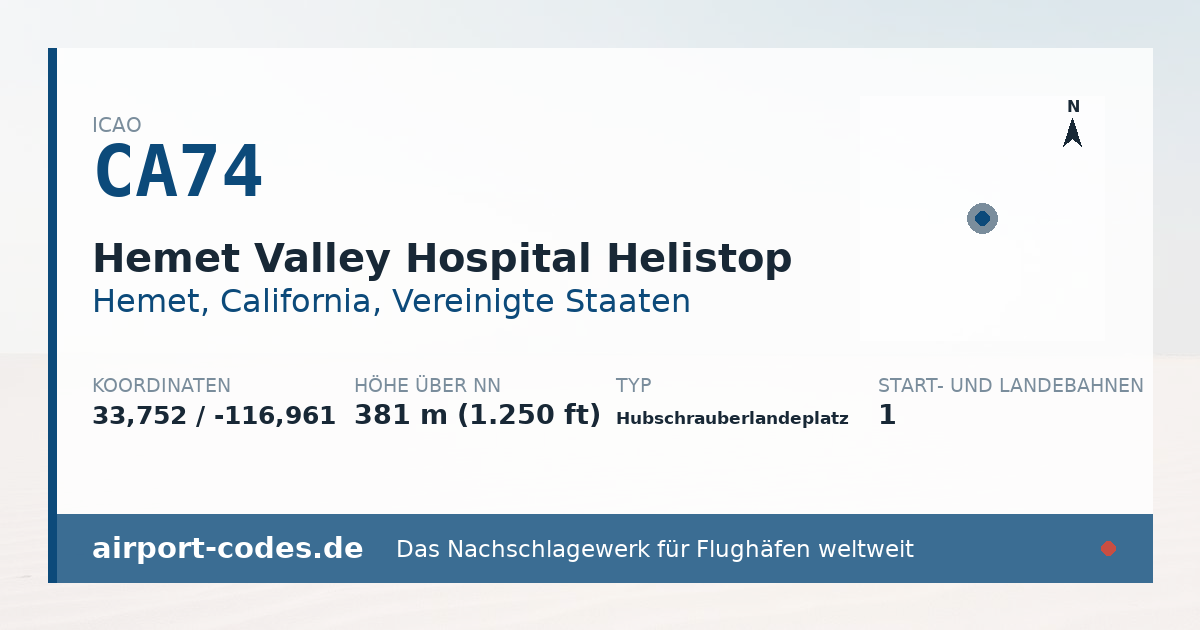 Generierte Übersichtsgrafik zum Flughafen Hemet Valley Hospital Helistop mit Codes, Koordinaten und Bahnenskizze