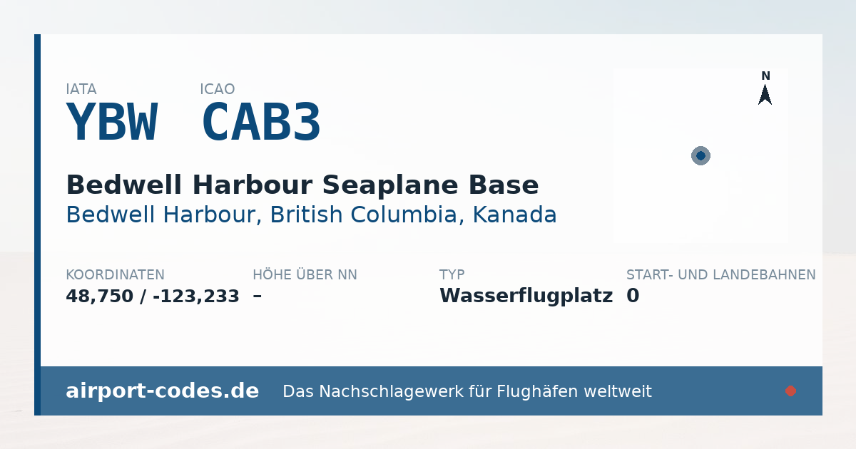 Generierte Übersichtsgrafik zum Flughafen Bedwell Harbour Seaplane Base mit Codes, Koordinaten und Bahnenskizze