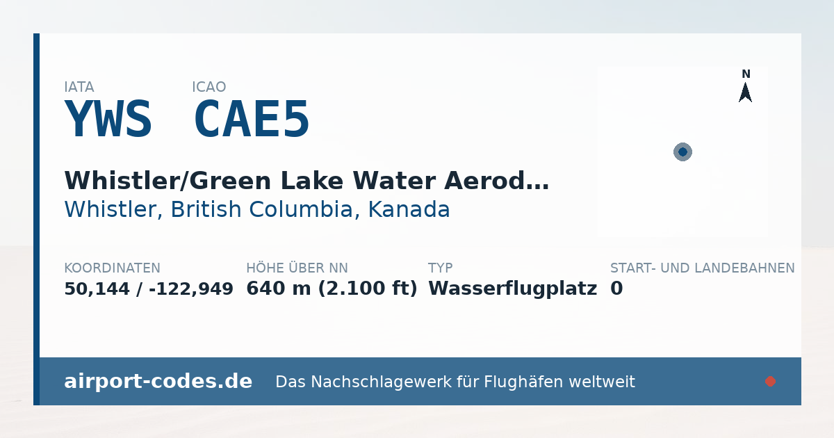 Generierte Übersichtsgrafik zum Flughafen Whistler/Green Lake Water Aerodrome mit Codes, Koordinaten und Bahnenskizze