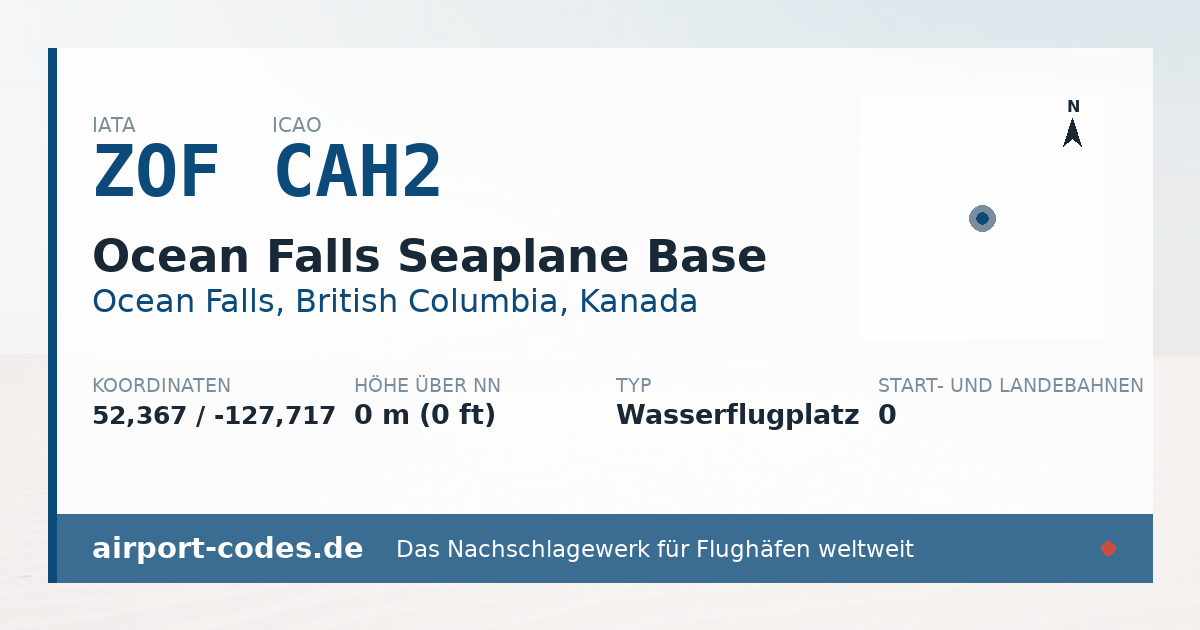Generierte Übersichtsgrafik zum Flughafen Ocean Falls Seaplane Base mit Codes, Koordinaten und Bahnenskizze