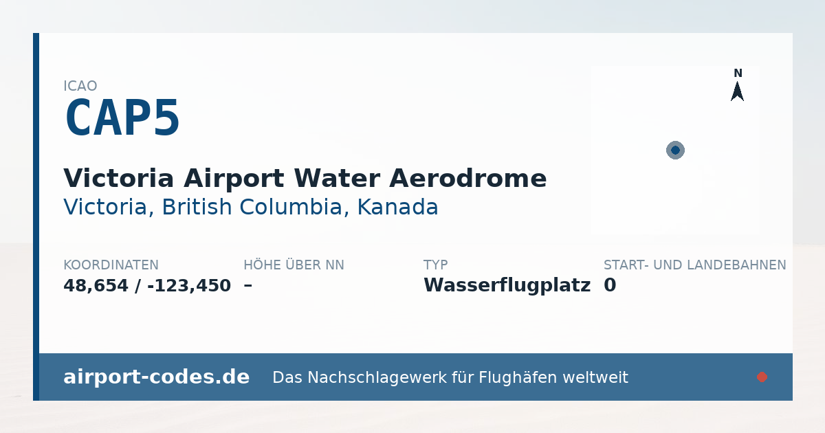 Generierte Übersichtsgrafik zum Flughafen Victoria Airport Water Aerodrome mit Codes, Koordinaten und Bahnenskizze