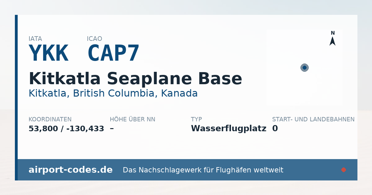 Generierte Übersichtsgrafik zum Flughafen Kitkatla Seaplane Base mit Codes, Koordinaten und Bahnenskizze